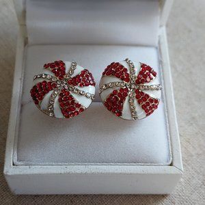 Candy Can Red and white enamel & rhinestone round swirl earrings